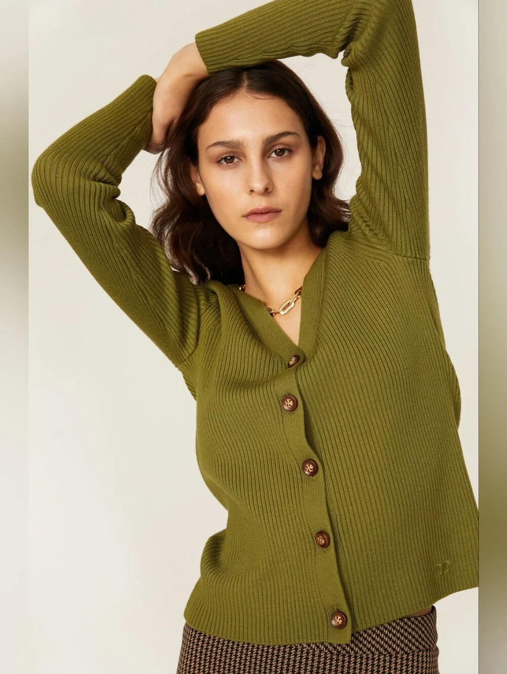 Tory Burch Merino Wool Olive Green Ribbed V-Neck Cardigan Size S